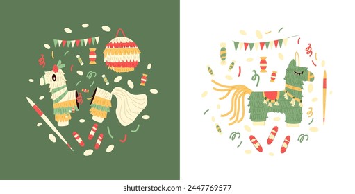 Pinata sound badge for traditional mexican party. Carnival and birthday toy for celebration event. Vector flat illustration