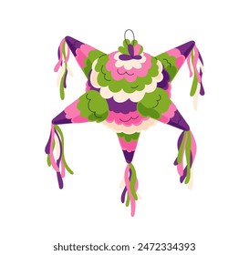 Pinata star toy, Mexican holiday. Colorful paper decoration for Cinco de Mayo. Traditional ornament, adornment, Mexico party surprise. Flat graphic vector illustration isolated on white background