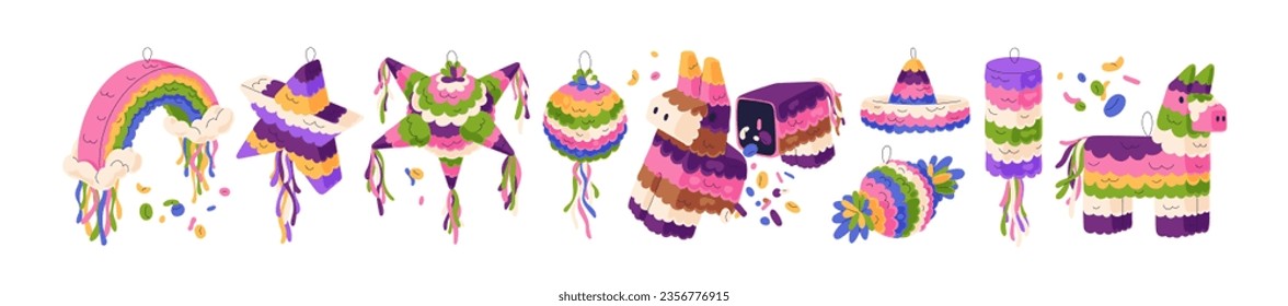 Pinata con dulces, juguetes mexicanos de vacaciones ambientados. Divertidos animales de papel, decoraciones estelares con caramelos para la fiesta mexicana, festival tradicional. Ilustraciones gráficas planas vectoriales aisladas en fondo blanco