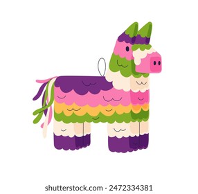 Pinata toy, paper donkey. Mexican holiday decoration. Colorful adornment for birthday party, Cinco de mayo carnival. Funny festive ornament. Flat vector illustration isolated on white background