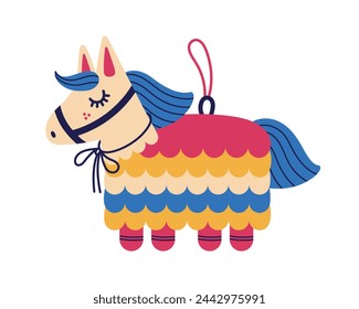 Pinata vector icon. A funny surprise for kids, a colorful toy with sweets inside. Cute paper horse. Gift for birthday party, carnival. Rainbow Mexican piñata, traditional entertainment. Cartoon doodle