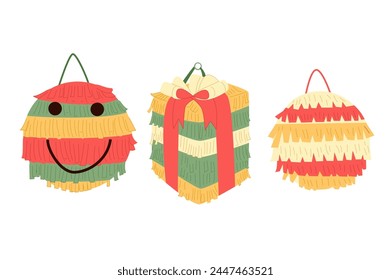 Pinatas ambientadas para la tradicional fiesta mexicana. Juguete de carnaval y cumpleaños de forma geométrica para el juego de la celebración. Ilustración plana de Vector