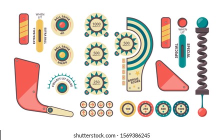 Pinball elements. Buttons coins plunger decorative shadows and forms for game machine vector pinball set