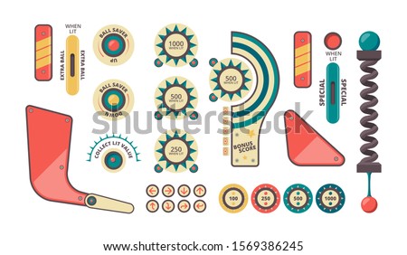 Pinball elements. Buttons coins plunger decorative shadows and forms for game machine vector pinball set