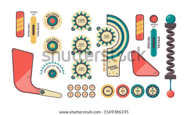 Pinball elements. Buttons\
coins plunger decorative shadows and forms for game machine vector\
pinball set