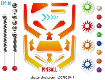 Pinball elements. Colored bumpers and flippers kit. Realistic set with different tools. Game design and creative concepts. Vector Illustration isolated on white background.