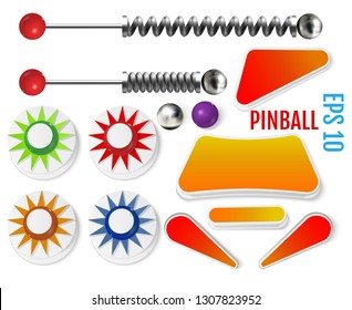 Pinball elements. Realistic set with different tools. Colored bumpers and flippers kit. Game design and creative concepts. Vector Illustration isolated on white background.