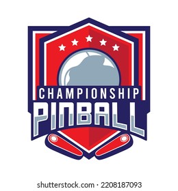 Pinball Game Arcade Vintage Retro Badge Emblem Hipster Logo Vector Icon Illustration. Pinball Championship with Star, Ball and Flipper