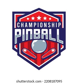 Pinball Game Arcade Vintage Retro Badge Emblem Hipster Logo Vector Icon Illustration. Pinball Championship With Star, Ball And Flipper