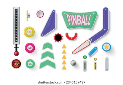 Los elementos del juego de Pinball son diferentes botones coloridos y herramientas para la máquina de entretenimiento, que establecen una ilustración vectorial realista. Arcade detalles de la actividad de juegos y enchufes para jugar diseño decorativo