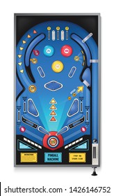 Pinball game machine realistic top view with shoot again blinking lights play field ramps spinners vector illustration 