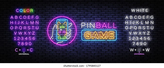 Pinball game neon sign vector design template. Pinball game in smartphone, neon concept, light banner, design element, night bright advertising, bright sign. Vector. Editing text neon sign