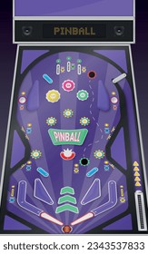 Máquina de pinball juego clásico de arcade de campo con elementos de ilustración vectorial realista. Detalles del juego con la zona de juego de puerta diseño decorativo púrpura diversión ocio competencia actividad vista superior