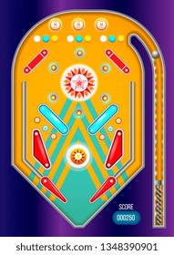 Pinball machine. Isolated cartoon pinball machine top view with in vintage style.