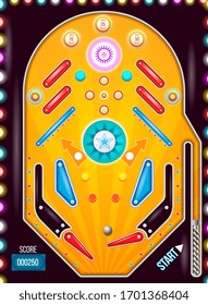 Pinball machine. Isolated cartoon pinball machine top view with in vintage style.