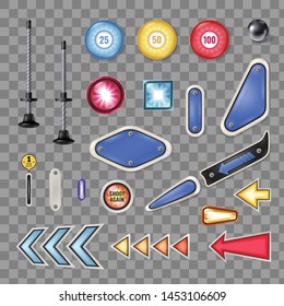 Pinball machine parts realistic collection with steel ball plunger flashing lights traps isolated transparent background vector illustration 