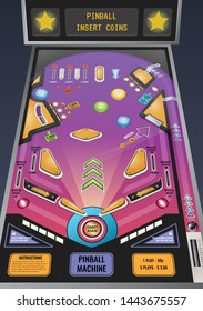 Pinball machine ready to play game realistic composition with flashing lights and insert coins message vector illustration  