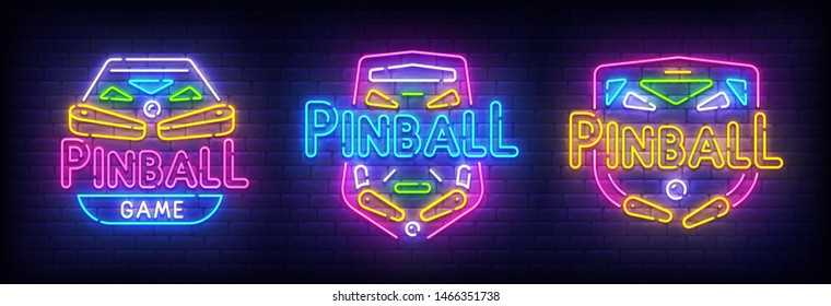Pinball neon sign, bright signboard, light banner. Set Pinball logo neon, emblem. Vector illustration