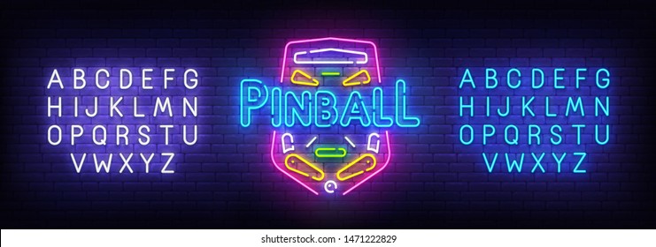 Señal de neón de Pinball, letrero luminoso, banner luminoso. Logo de Pinball, emblema. Creador de signos Neon. Edición de texto neón. Ilustración del vector