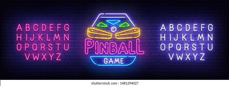 Señal de neón de Pinball, letrero luminoso, banner luminoso. Logo de Pinball, emblema. Creador de signos Neon. Edición de texto neón. Ilustración del vector