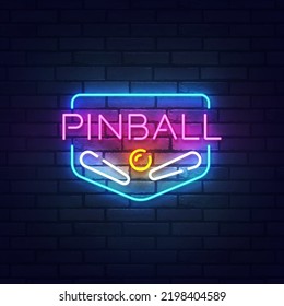 Pinball neon sign, bright signboard, light banner. Pinball label neon, emblem. Vector illustration