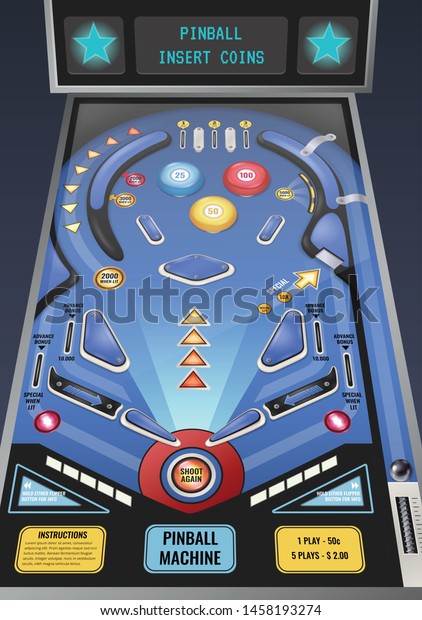 Pinball slot machine waiting for coins realistic\
composition with flashing lights and shoot again button vector\
illustration  