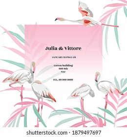 Pinc flamingo birds with palm leaves on the white background. Tropical illustration with birds. Celebration template. Exotic Floral Invitation, Flyer or Card.