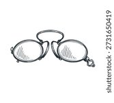 Pince-nez frame glasses in sketch hand drawn style. Flat rim spectacles eyeglasses with lens. Vector illustration isolated on white background.