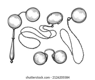 Pince-nez, lorgnette and monocles. Vintage spectacles. Ancient corrective lenses. Ink sketch set isolated on white background. Hand drawn vector illustration. Retro style.