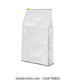 Pinch bottom plastic bag with zipper vector mock-up. Stand-up pouch with top slider seal. White blank product packaging realistic mockup. Template for design