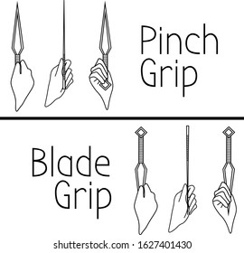 pinch grip and blade grip of throwing knife, kunai