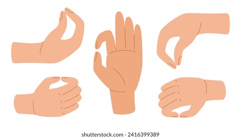 Pinch human hand. Pinched Fingers hand gesture. Palm and fingers laid in gestures of holding or giving something. Vector illustration in hand drawn style 