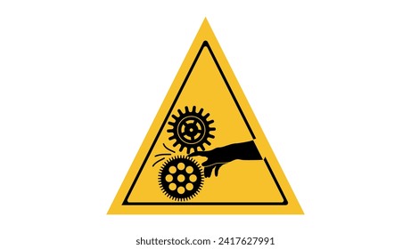 Pinch point entanglement crush gears sign, black and yellow isolated silhouette