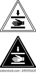 Pinch Point Signs. Black and White Vector Icons. Hand Injury, Hand Crushing. Danger Warning Sign