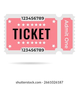 Pinck, red color ticket design template, flat style, black, and gray texts, admit one, vector illustration. Tickets for a cinema, movie, show, concert, festival, event, events, circus, and others. 