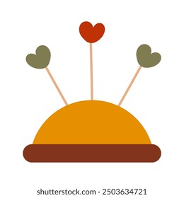 Pincushion Design with Heart-Shaped Pins Sewing, Crafting Needlework Tool for Seamstress and Tailors. Print ready scalable graphic design elements for stickers, posters, postcard, wall art decoration