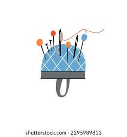 Pincushion with needles isolated on white background. Vector illustration.