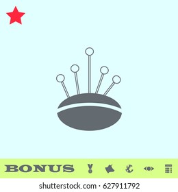 Pincushion with pins icon flat. Grey pictogram on blue background. Vector illustration symbol and bonus buttons medal, cow, earth, eye, calculator