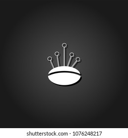 Pincushion with pins icon flat. Simple White pictogram on black background with shadow. Vector illustration symbol