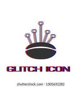 Pincushion with pins icon flat. Simple pictogram - Glitch effect. Vector illustration symbol