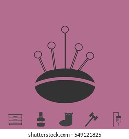 Pincushion with pins icon flat. Simple vector grey pictogram and bonus symbol