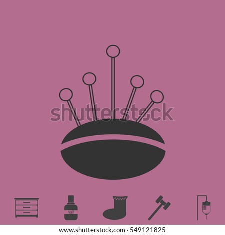 Pincushion with pins icon flat. Simple vector grey pictogram and bonus symbol