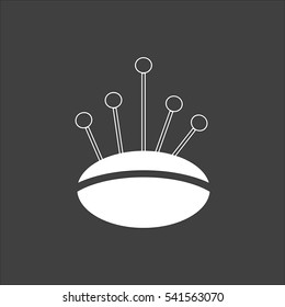 Pincushion with pins icon flat. Vector white illustration isolated on black background. Flat symbol