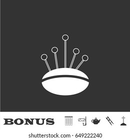 Pincushion with pins icon flat. White pictogram on black background. Vector illustration symbol and bonus icons