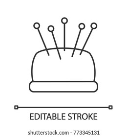 Pincushion with pins linear icon. Thin line illustration. Contour symbol. Vector isolated outline drawing. Editable stroke