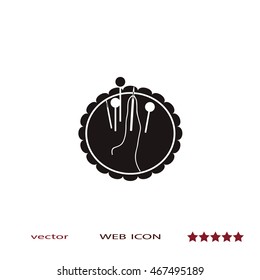 Pincushion with pins and needles, vector icon