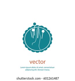Pincushion with pins and needles, vector icon