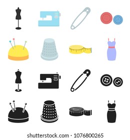 Pincushion with pins, thimble, centimeter, dress.Atelier set collection icons in black,cartoon style vector symbol stock illustration web.