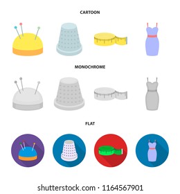 Pincushion with pins, thimble, centimeter, dress.Atelier set collection icons in cartoon,flat,monochrome style vector symbol stock illustration web.