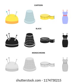 Pincushion with pins, thimble, centimeter, dress.Atelier set collection icons in cartoon,black,monochrome style vector symbol stock illustration web.